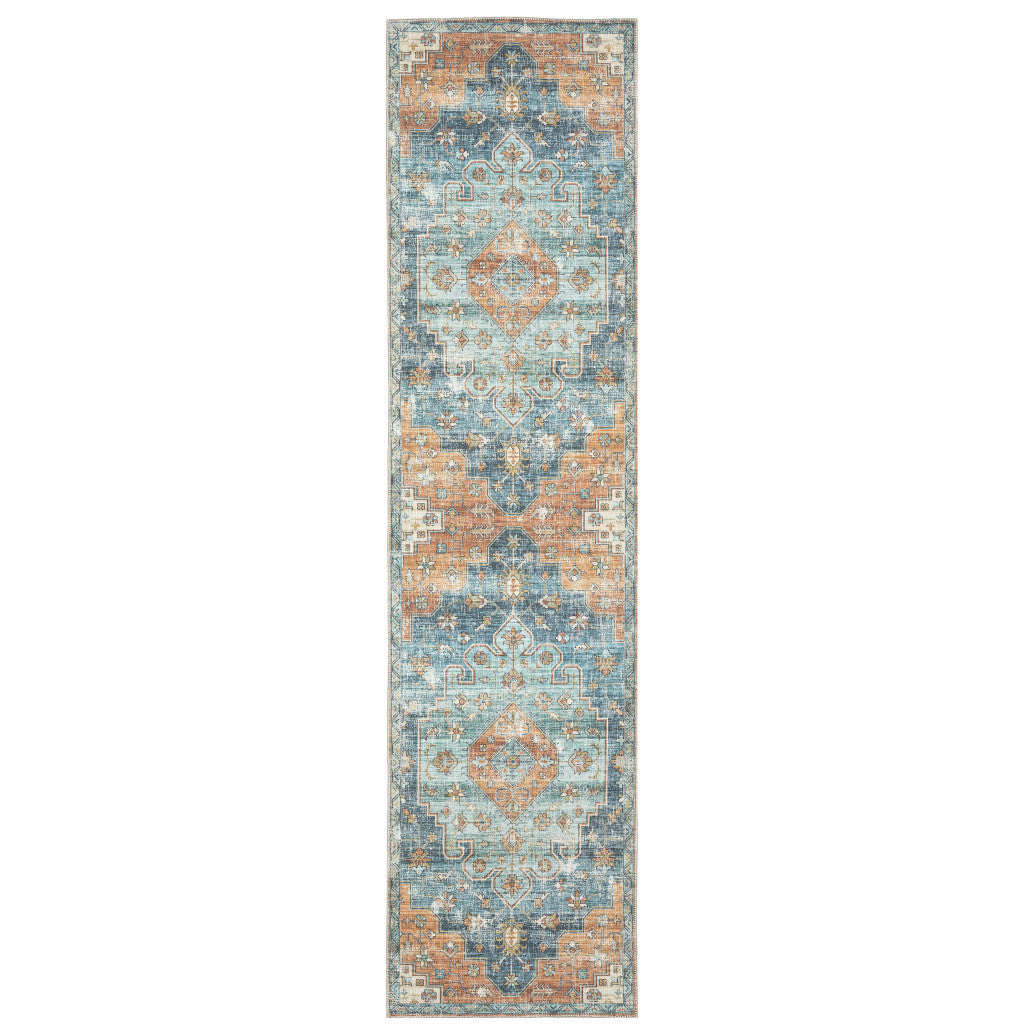 8' Blue and Orange Oriental Power Loom Runner Rug