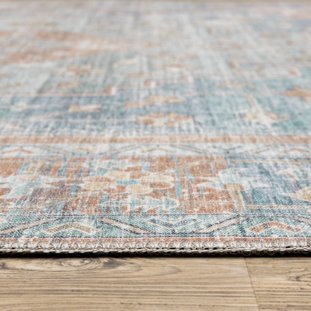 8' Blue and Orange Oriental Power Loom Runner Rug