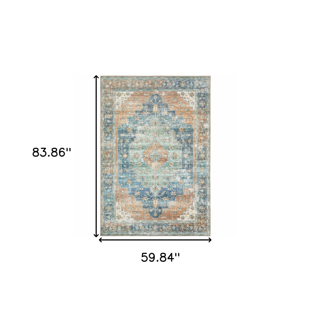 8' Blue and Orange Oriental Power Loom Runner Rug