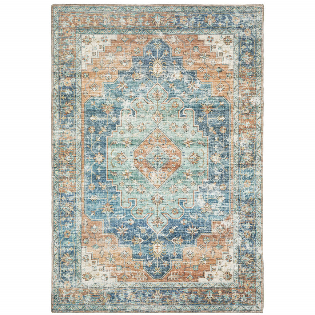 8' Blue and Orange Oriental Power Loom Runner Rug