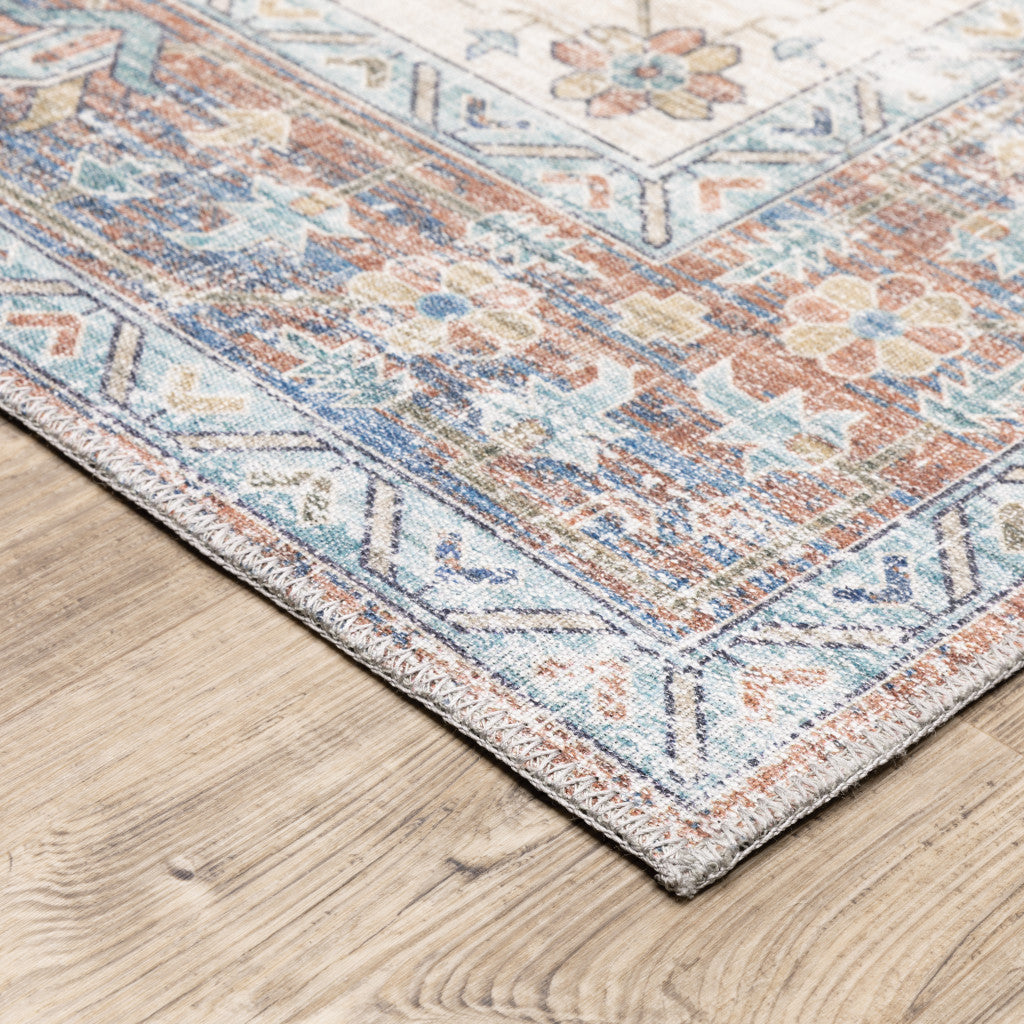 8' Blue and Orange Oriental Power Loom Runner Rug