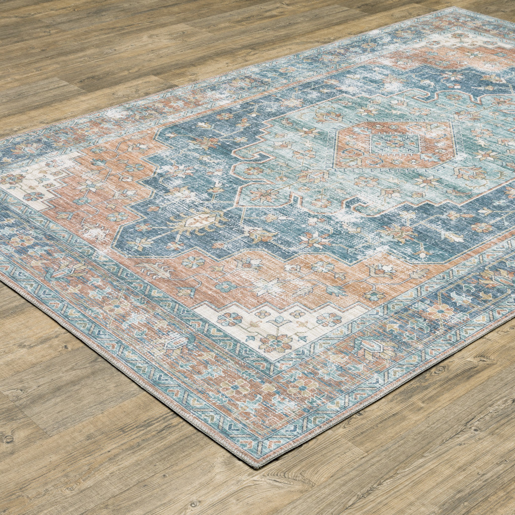 8' Blue and Orange Oriental Power Loom Runner Rug