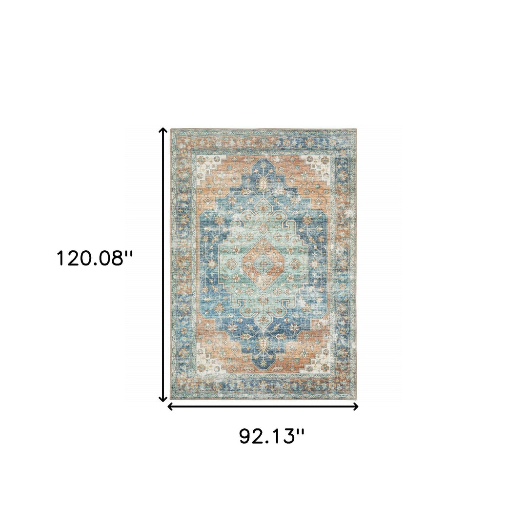 8' Blue and Orange Oriental Power Loom Runner Rug