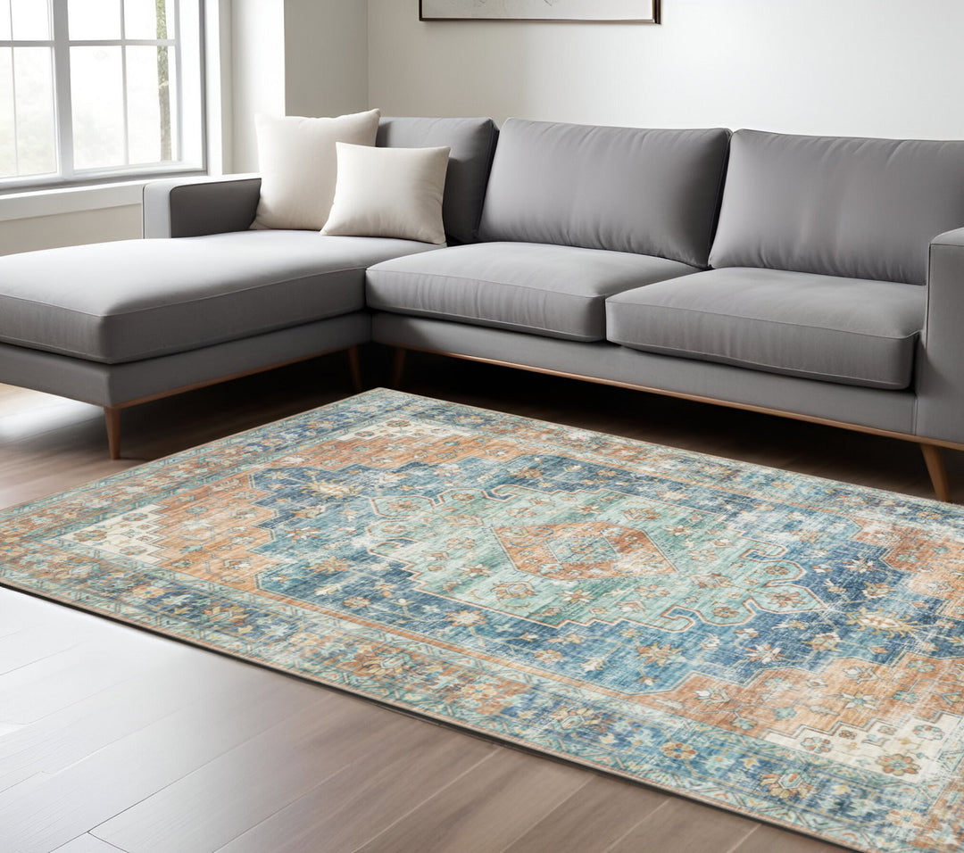 8' Blue and Orange Oriental Power Loom Runner Rug