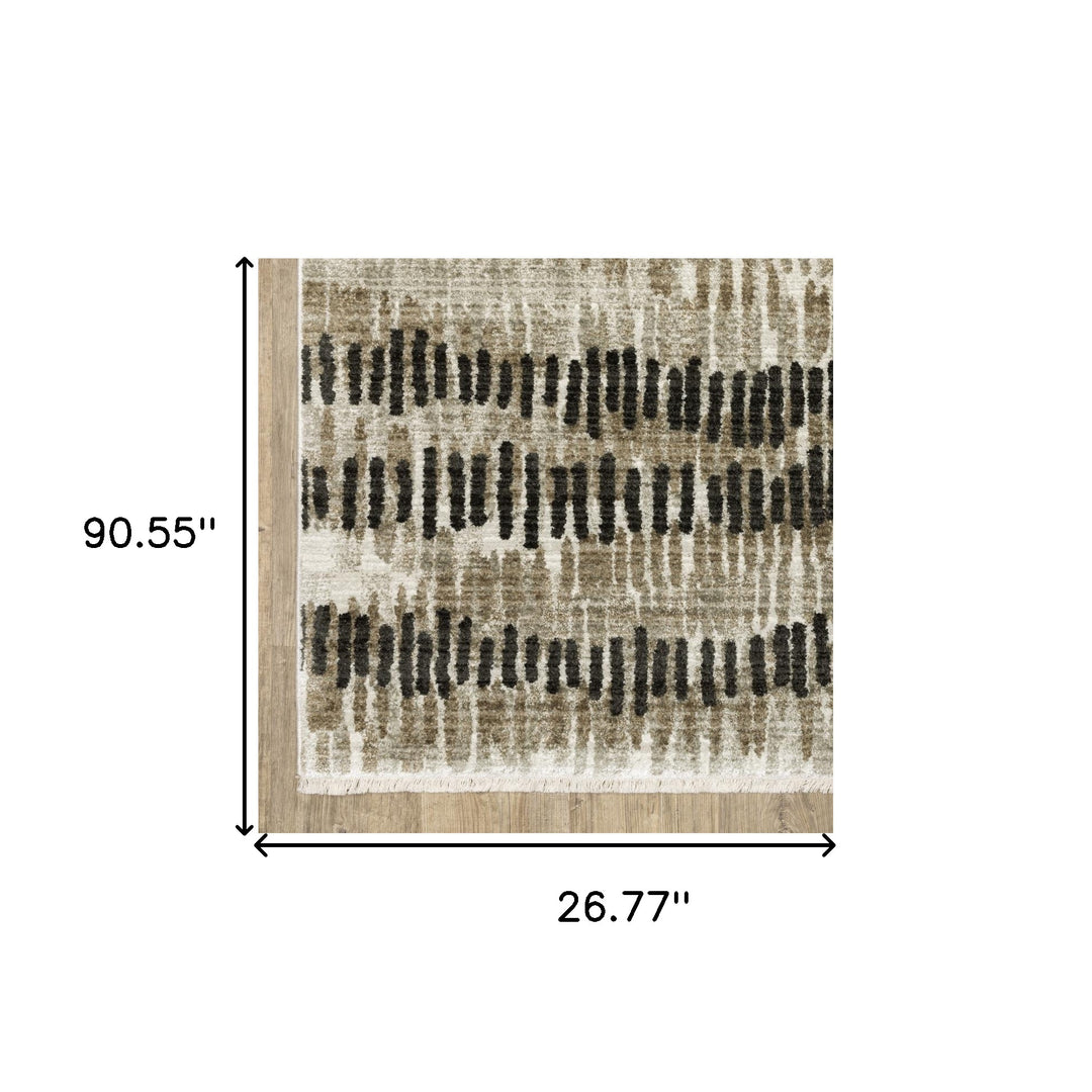 2' X 8' Beige Ivory Charcoal Brown Tan And Grey Abstract Power Loom Stain Resistant Runner Rug With Fringe