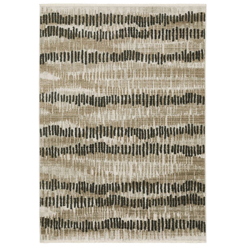 2' X 8' Beige Ivory Charcoal Brown Tan And Grey Abstract Power Loom Stain Resistant Runner Rug With Fringe