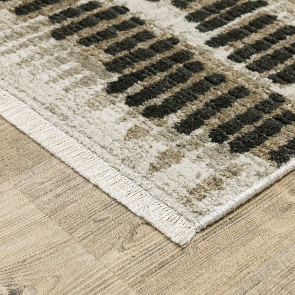 2' X 8' Beige Ivory Charcoal Brown Tan And Grey Abstract Power Loom Stain Resistant Runner Rug With Fringe