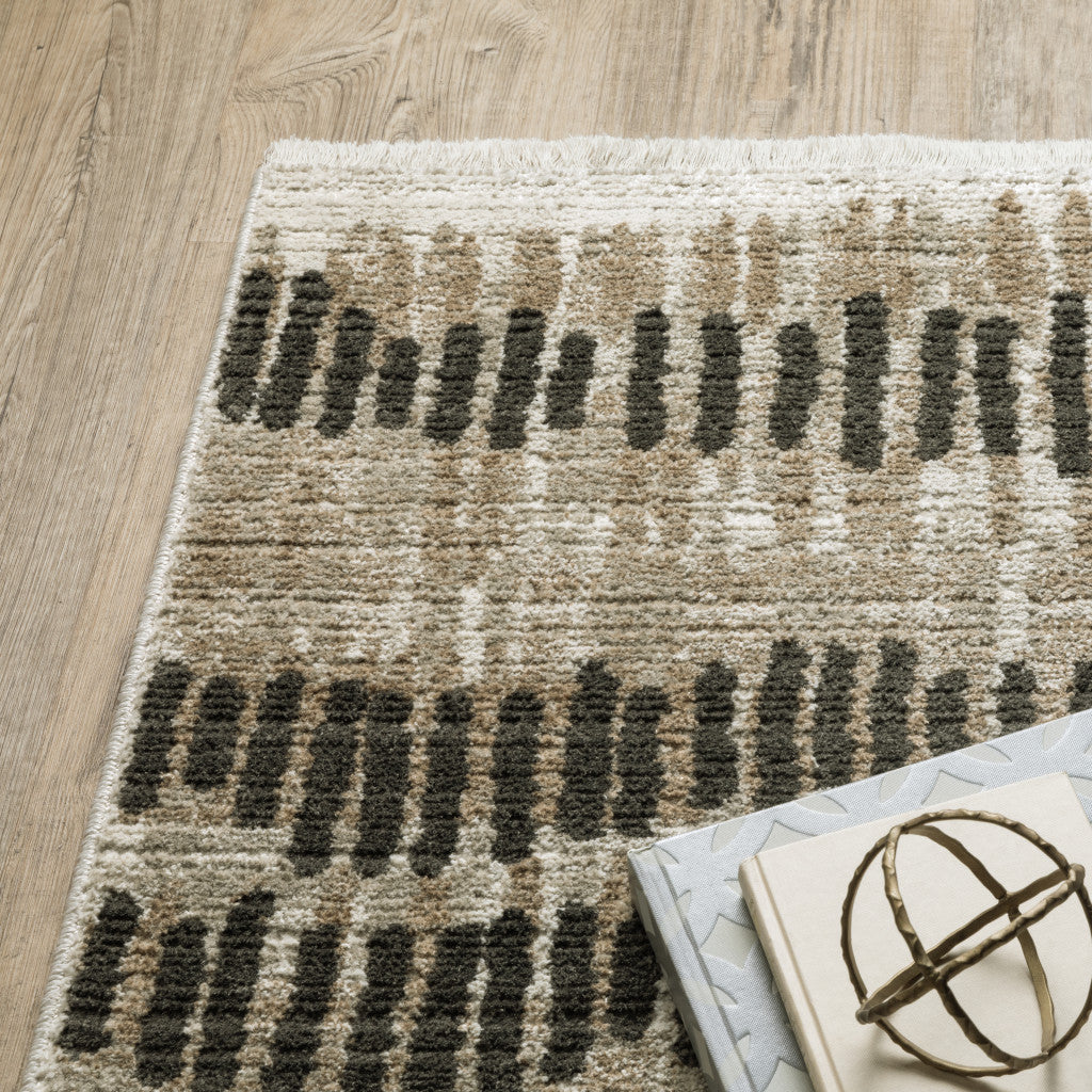 2' X 8' Beige Ivory Charcoal Brown Tan And Grey Abstract Power Loom Stain Resistant Runner Rug With Fringe