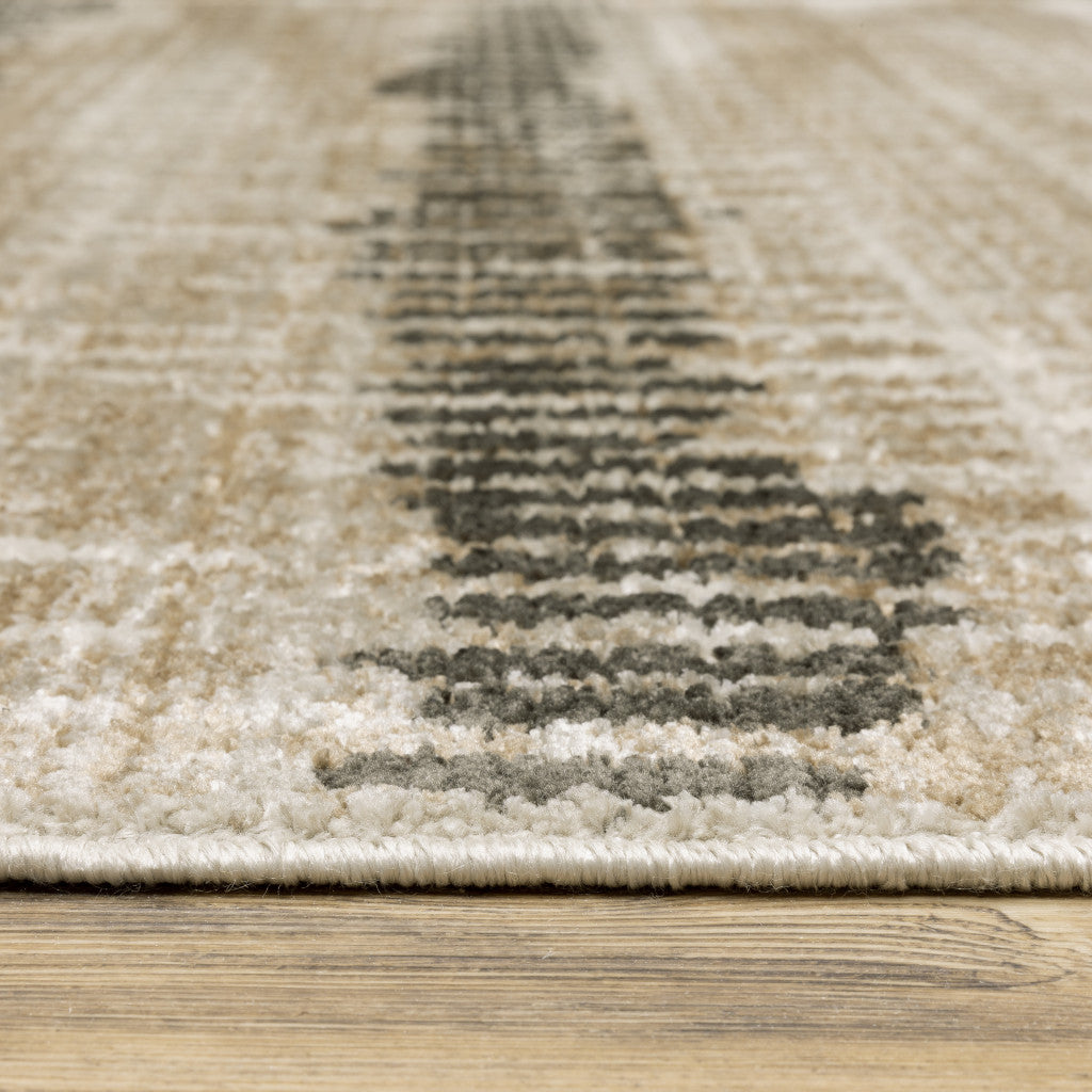 2' X 8' Beige Ivory Charcoal Brown Tan And Grey Abstract Power Loom Stain Resistant Runner Rug With Fringe