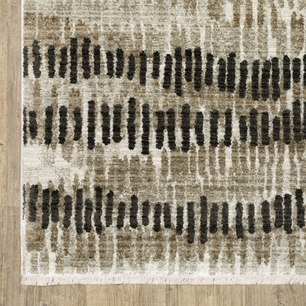 2' X 8' Beige Ivory Charcoal Brown Tan And Grey Abstract Power Loom Stain Resistant Runner Rug With Fringe