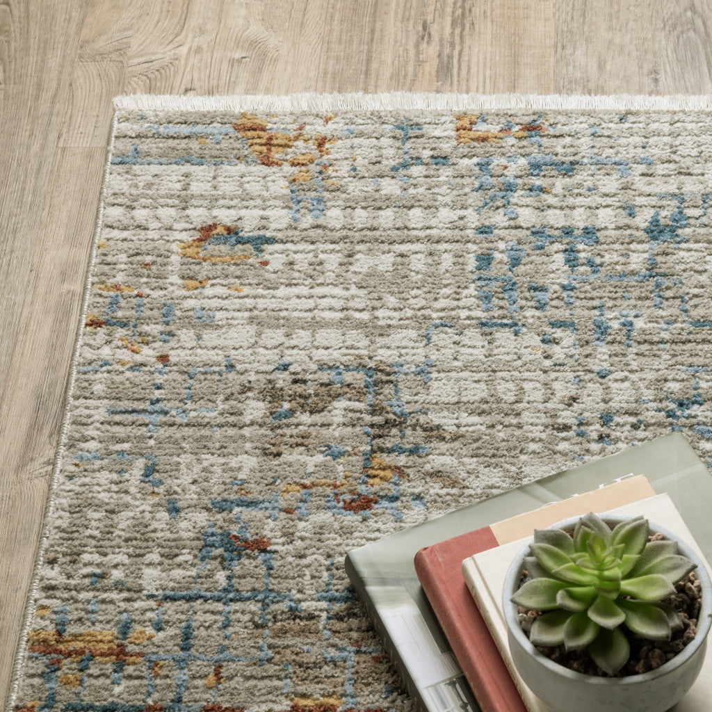 8' Beige Grey Brown Gold Red And Blue Abstract Power Loom Runner Rug With Fringe