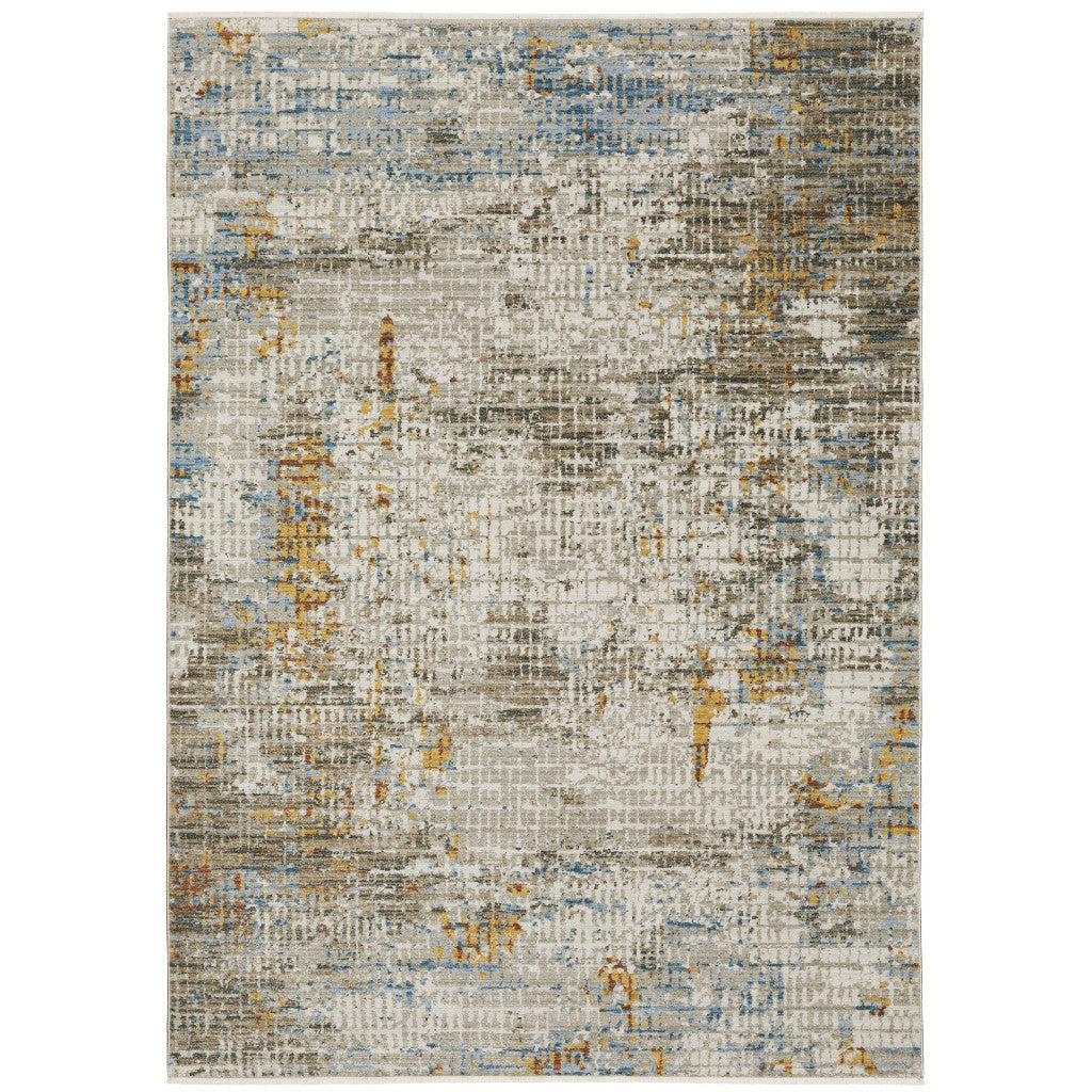 8' Beige Grey Brown Gold Red And Blue Abstract Power Loom Runner Rug With Fringe