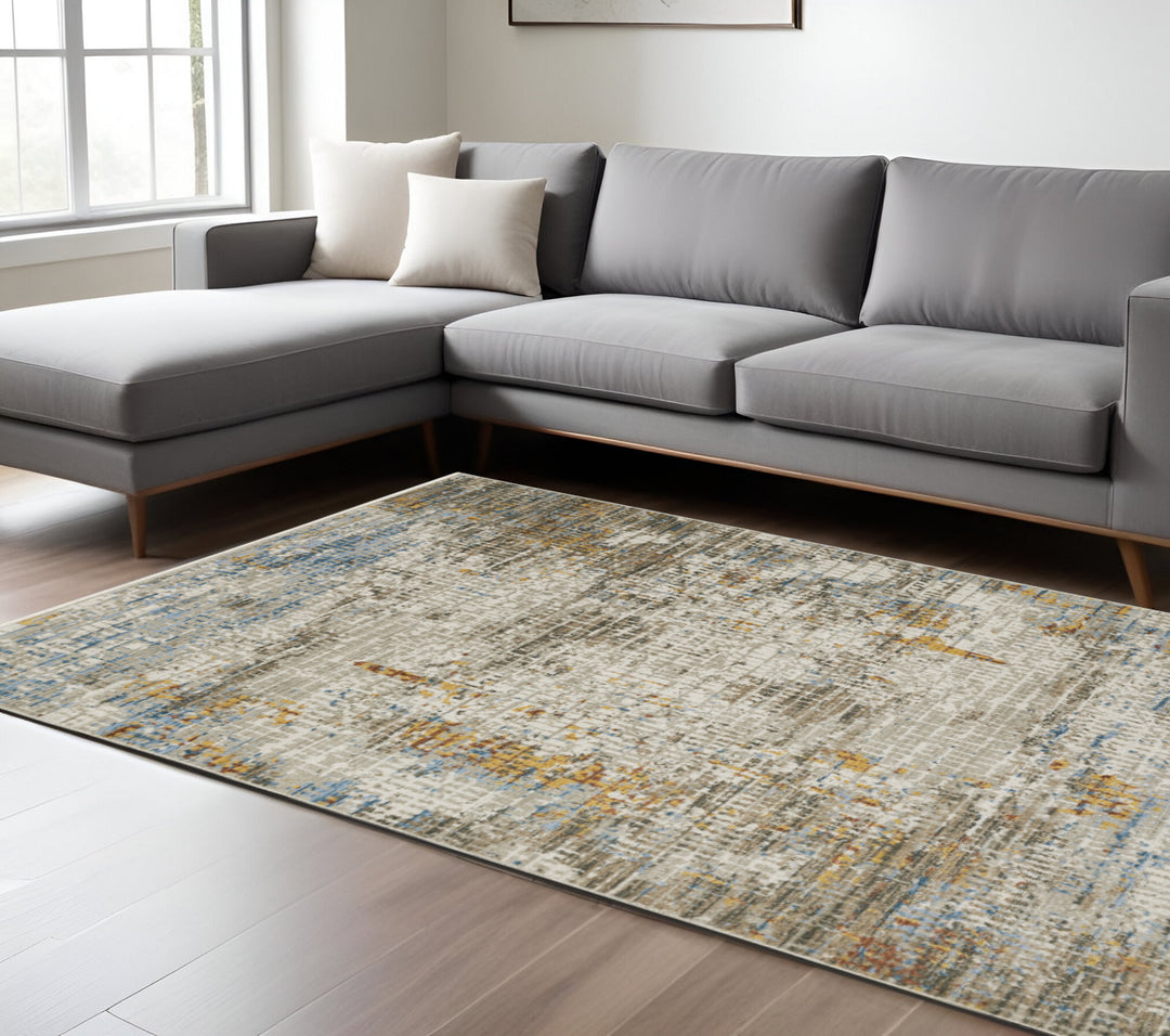 8' Beige Grey Brown Gold Red And Blue Abstract Power Loom Runner Rug With Fringe