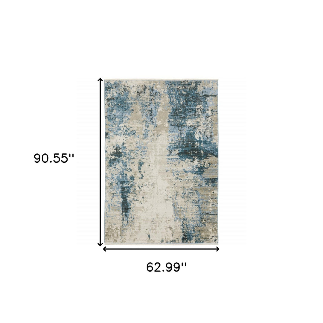 2' X 8' Blue Grey Ivory Light Blue And Dark Blue Abstract Power Loom Stain Resistant Runner Rug With Fringe