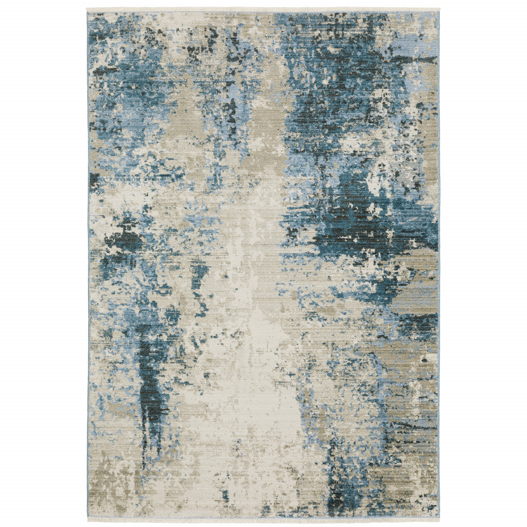 2' X 8' Blue Grey Ivory Light Blue And Dark Blue Abstract Power Loom Stain Resistant Runner Rug With Fringe