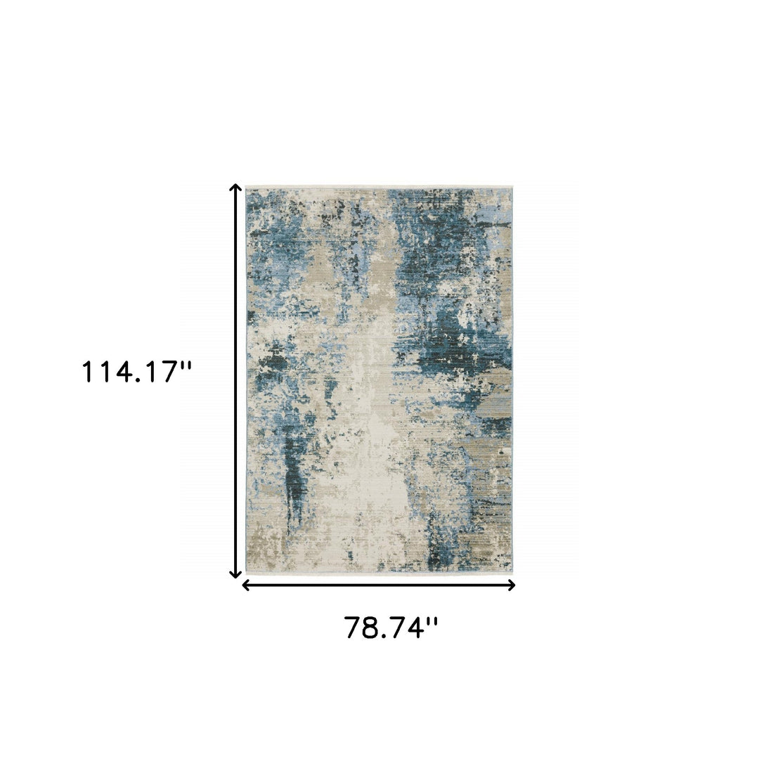 2' X 8' Blue Grey Ivory Light Blue And Dark Blue Abstract Power Loom Stain Resistant Runner Rug With Fringe