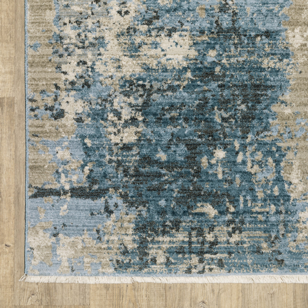 2' X 8' Blue Grey Ivory Light Blue And Dark Blue Abstract Power Loom Stain Resistant Runner Rug With Fringe