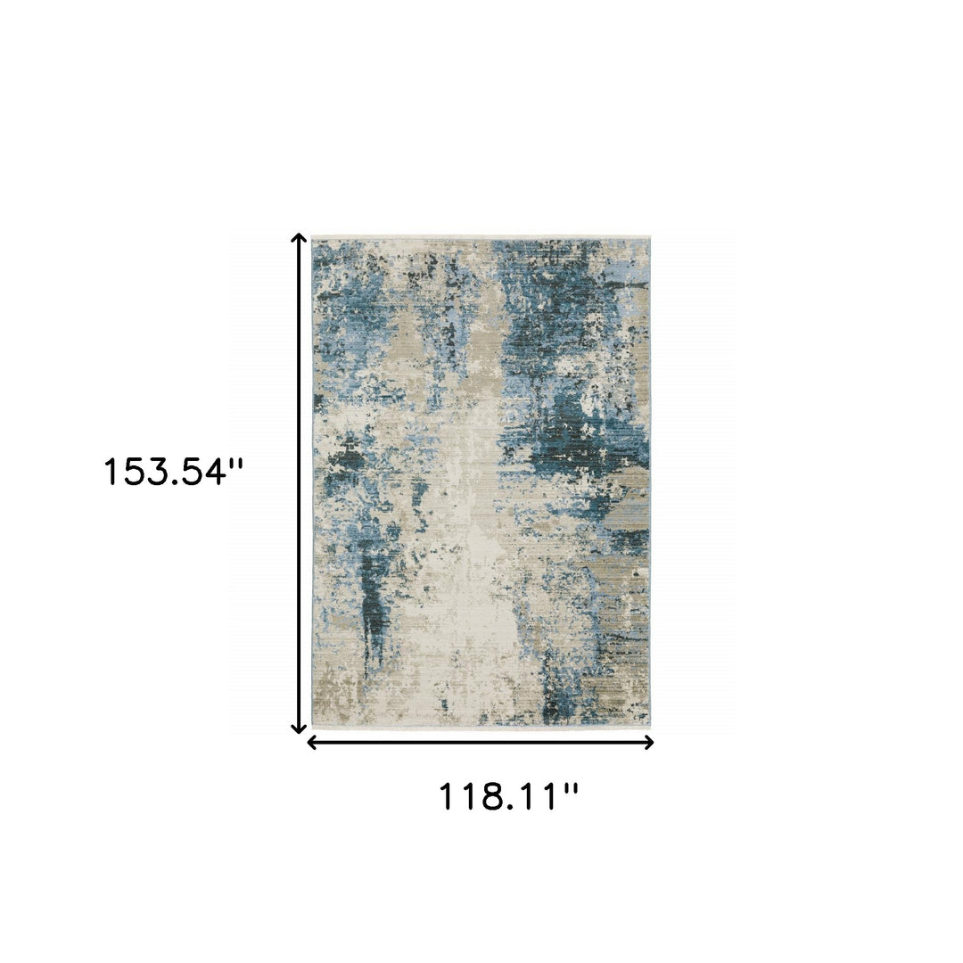 2' X 8' Blue Grey Ivory Light Blue And Dark Blue Abstract Power Loom Stain Resistant Runner Rug With Fringe