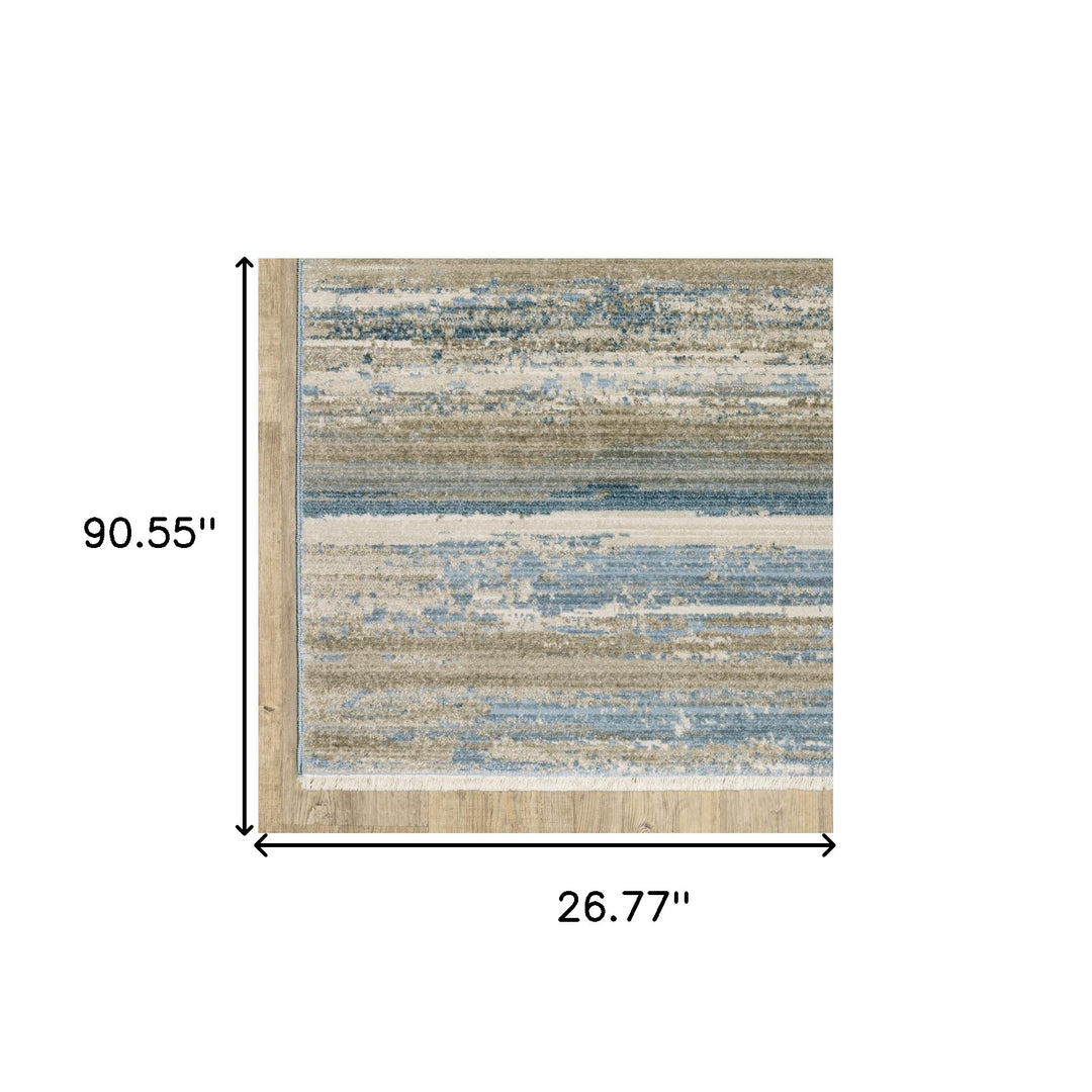 2' X 8' Blue And Ivory Abstract Power Loom Runner Rug With Fringe