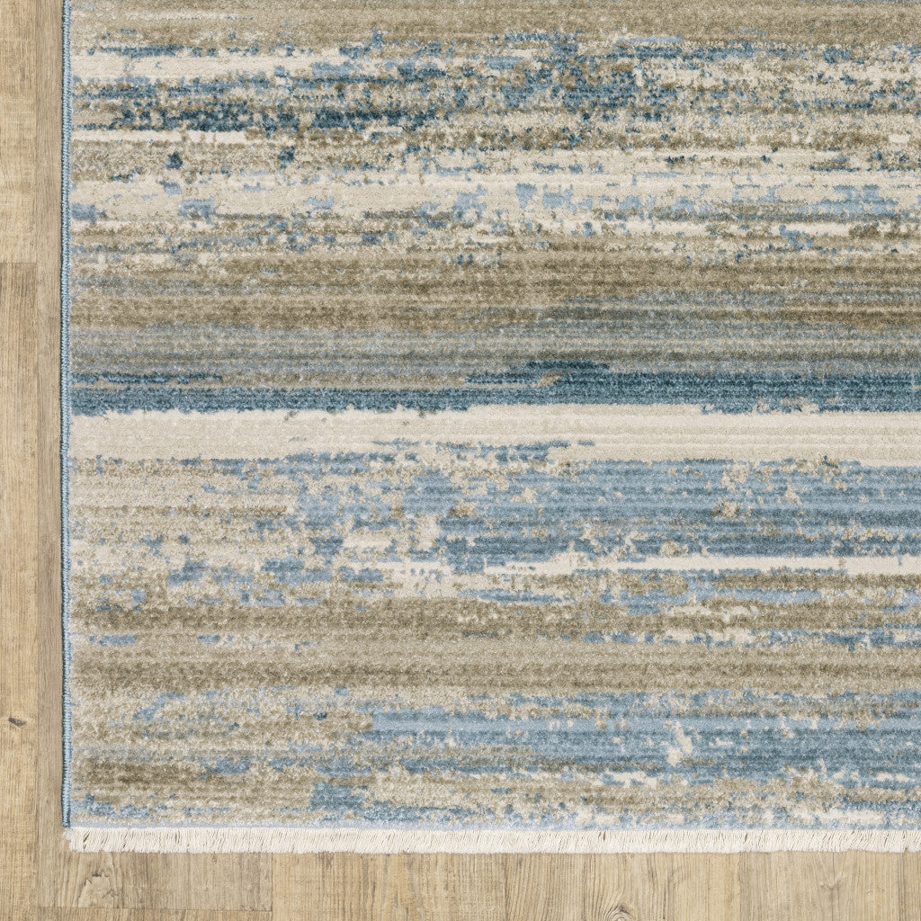 2' X 8' Blue And Ivory Abstract Power Loom Runner Rug With Fringe