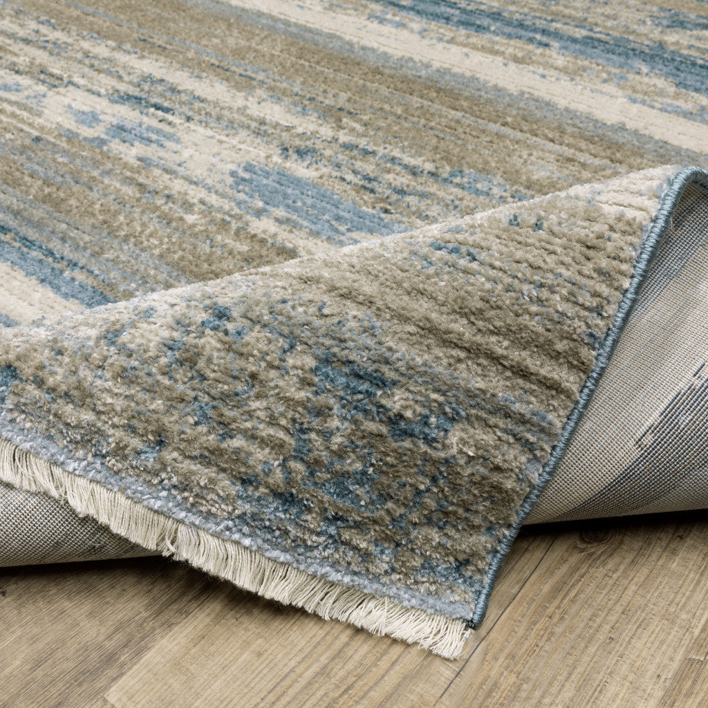 2' X 8' Blue And Ivory Abstract Power Loom Runner Rug With Fringe