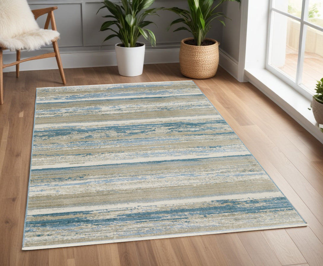 2' X 8' Blue And Ivory Abstract Power Loom Runner Rug With Fringe