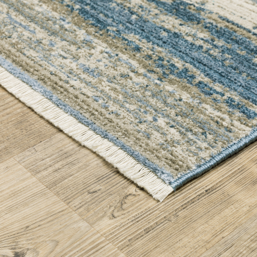 2' X 8' Blue And Ivory Abstract Power Loom Runner Rug With Fringe