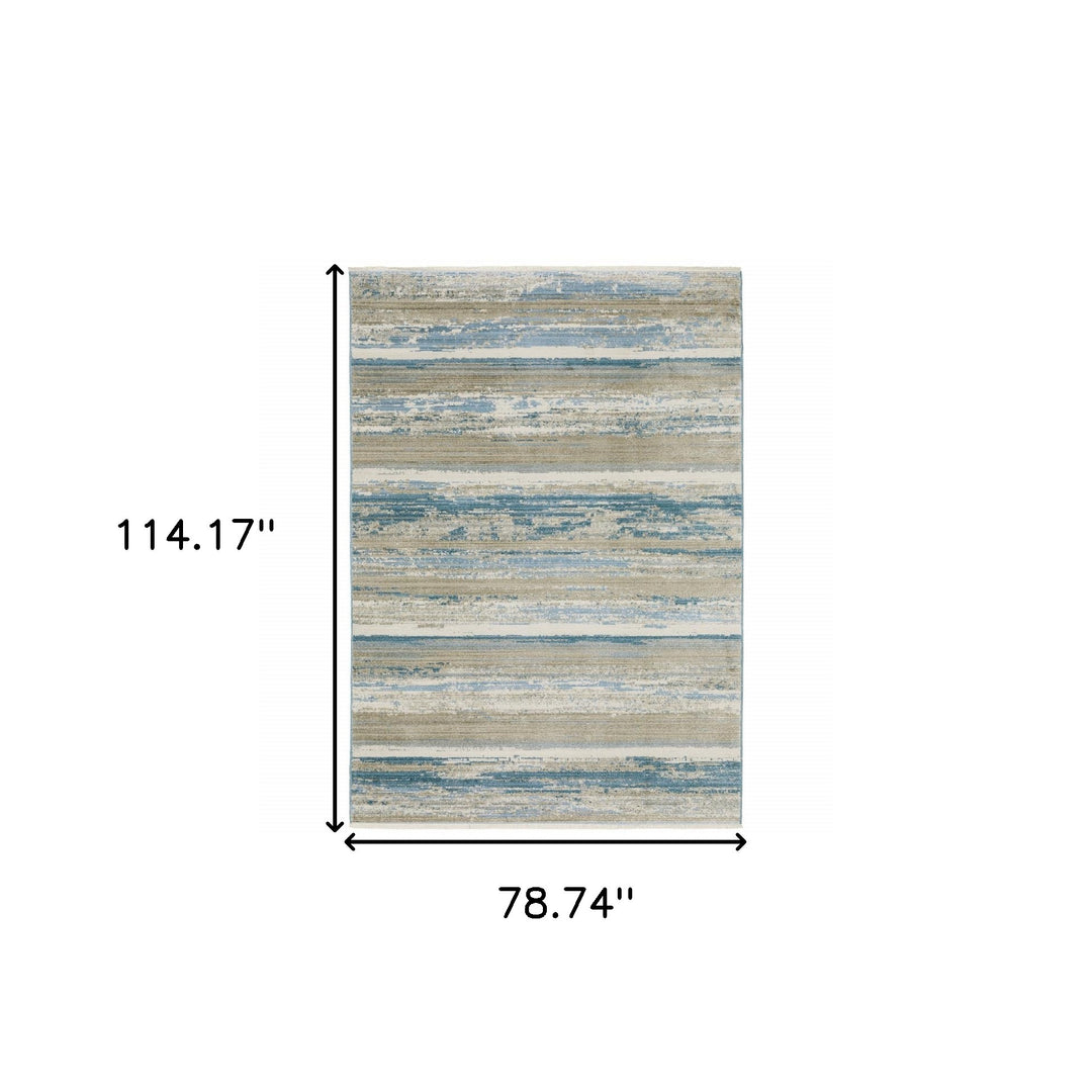 2' X 8' Blue And Ivory Abstract Power Loom Runner Rug With Fringe