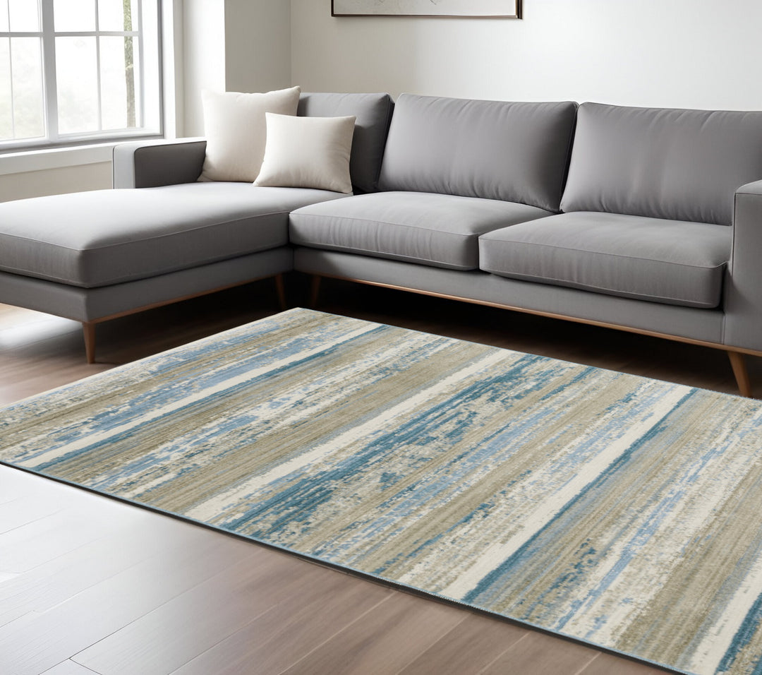 2' X 8' Blue And Ivory Abstract Power Loom Runner Rug With Fringe