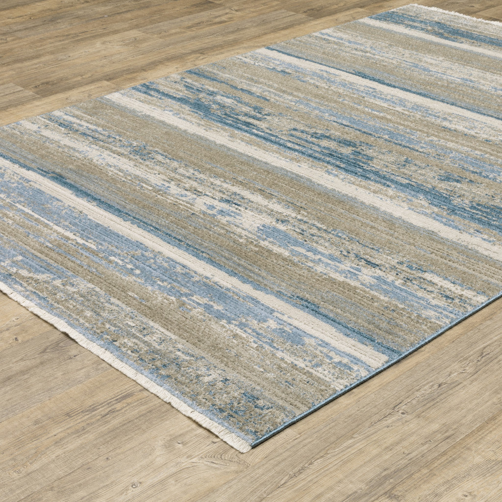 2' X 8' Blue And Ivory Abstract Power Loom Runner Rug With Fringe