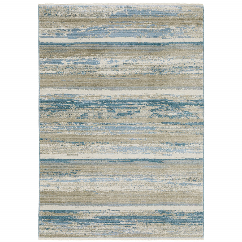 2' X 8' Blue And Ivory Abstract Power Loom Runner Rug With Fringe