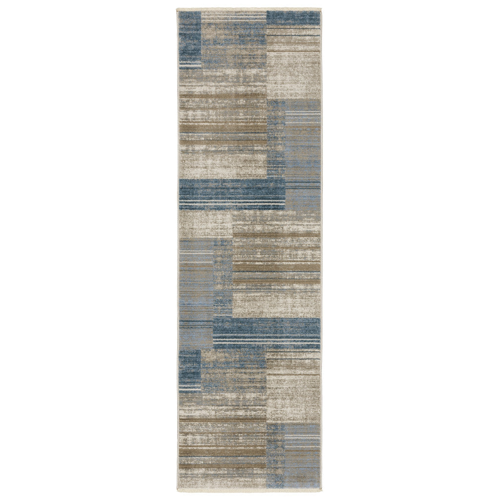 8' Beige Blue and Gray Geometric Power Loom Runner Rug