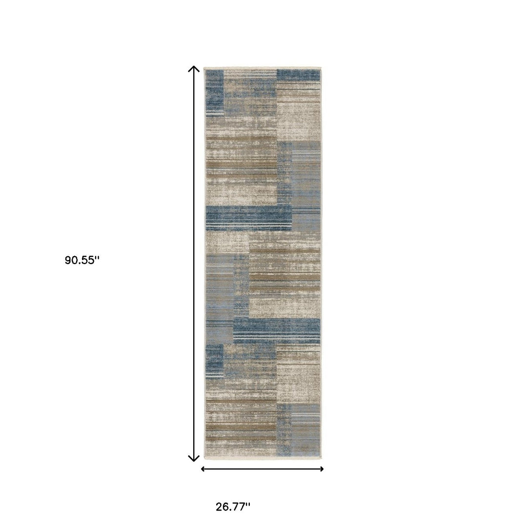 8' Beige Blue and Gray Geometric Power Loom Runner Rug