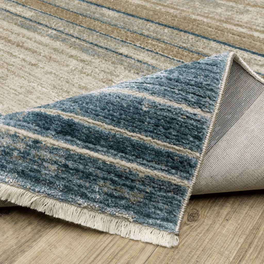 8' Beige Blue and Gray Geometric Power Loom Runner Rug