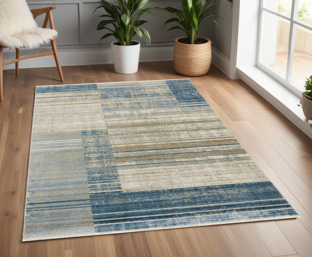 8' Beige Blue and Gray Geometric Power Loom Runner Rug