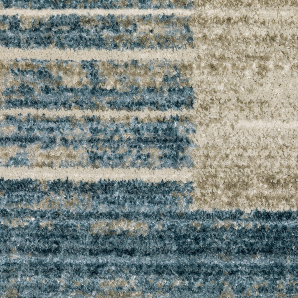 8' Beige Blue and Gray Geometric Power Loom Runner Rug