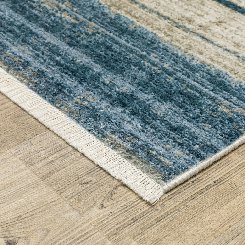 8' Beige Blue and Gray Geometric Power Loom Runner Rug