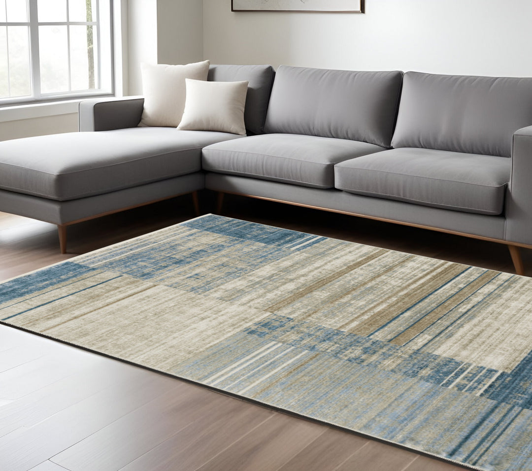 8' Beige Blue and Gray Geometric Power Loom Runner Rug