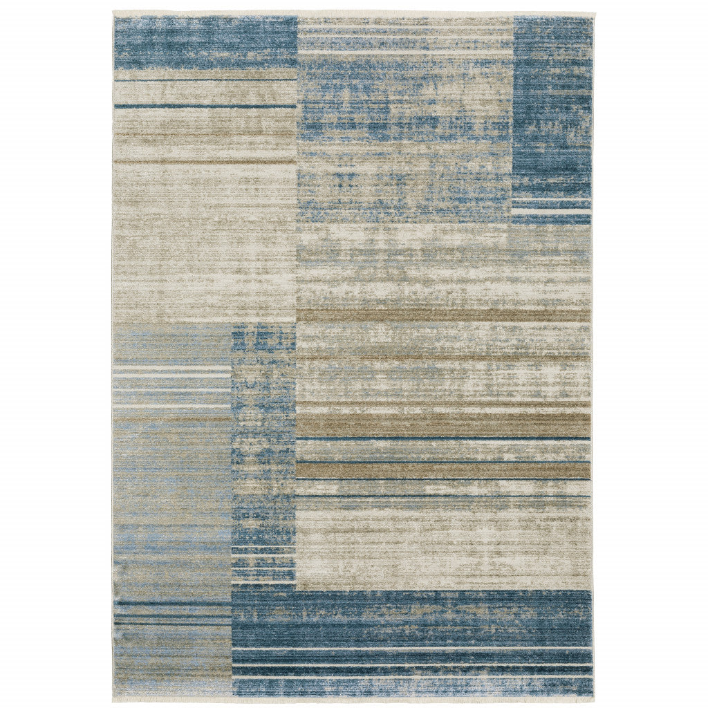 8' Beige Blue and Gray Geometric Power Loom Runner Rug