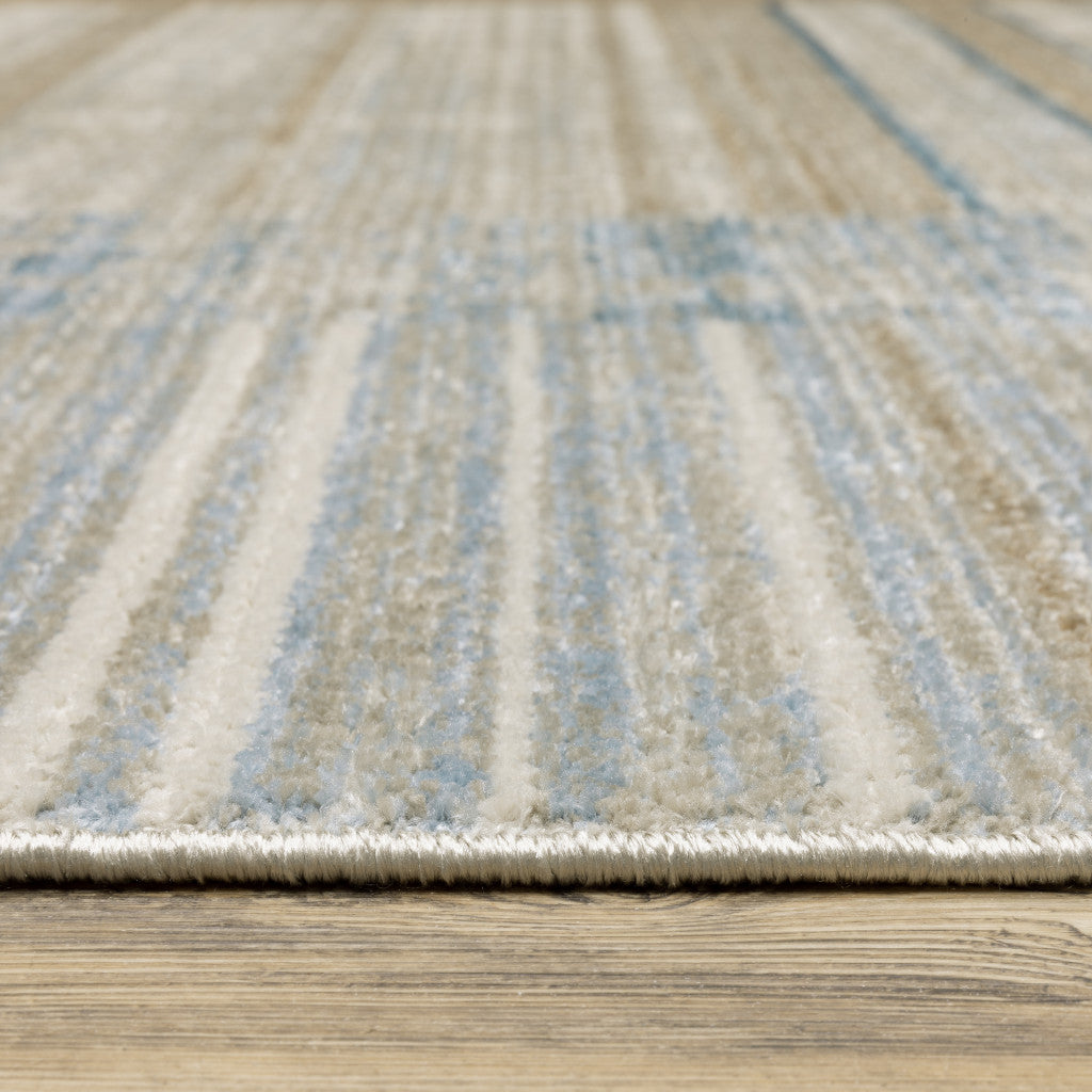 8' Beige Blue and Gray Geometric Power Loom Runner Rug