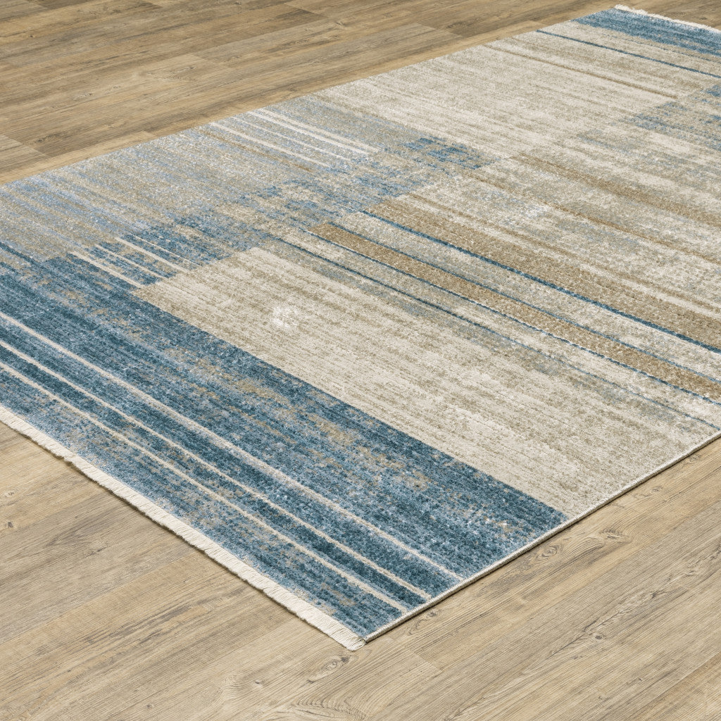 8' Beige Blue and Gray Geometric Power Loom Runner Rug