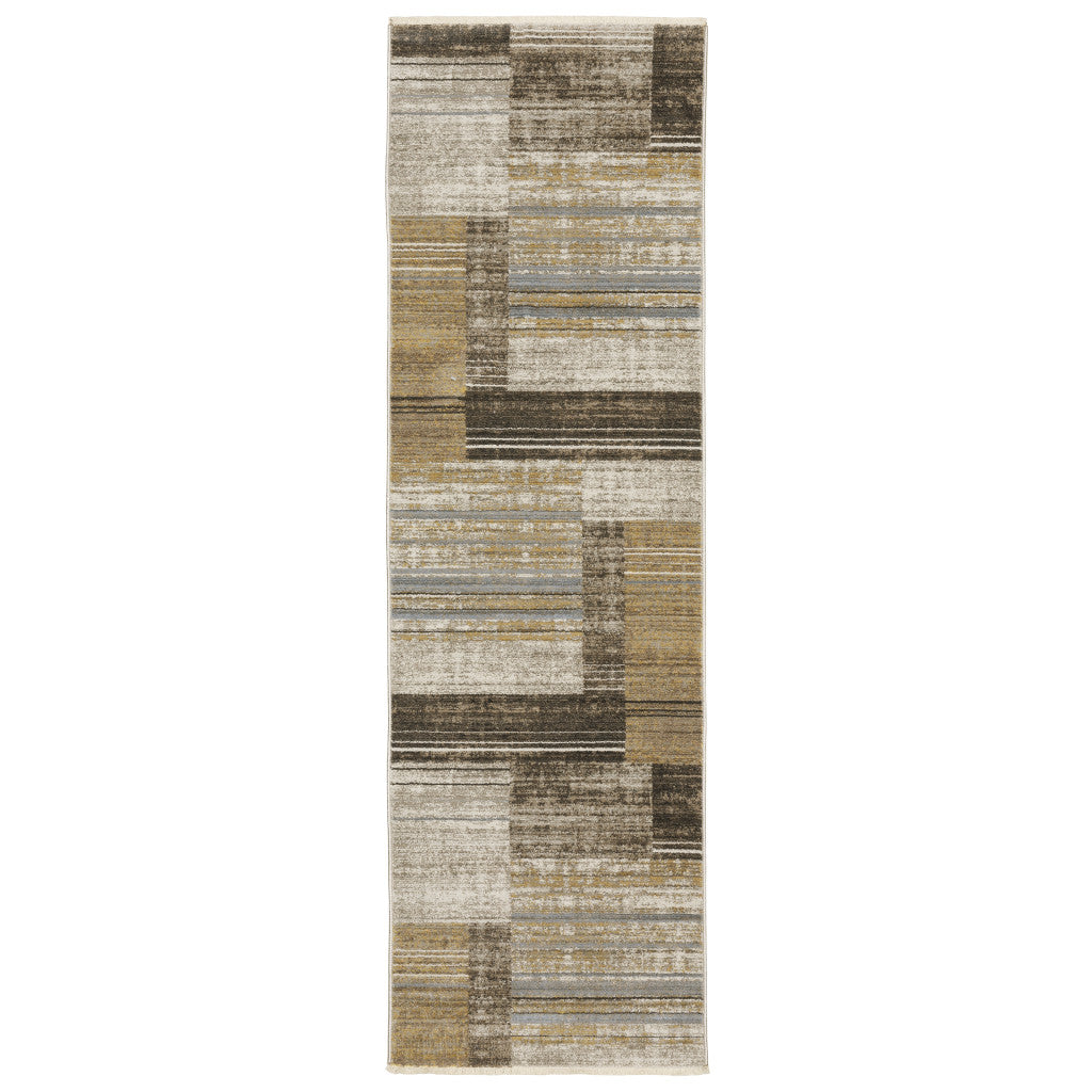 8' Beige Blue and Gray Geometric Power Loom Runner Rug