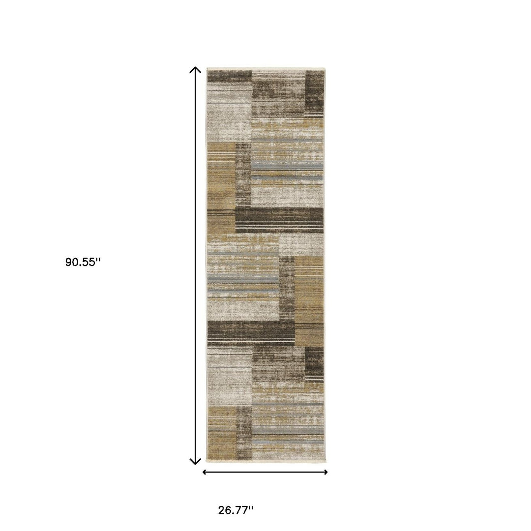 8' Beige Blue and Gray Geometric Power Loom Runner Rug