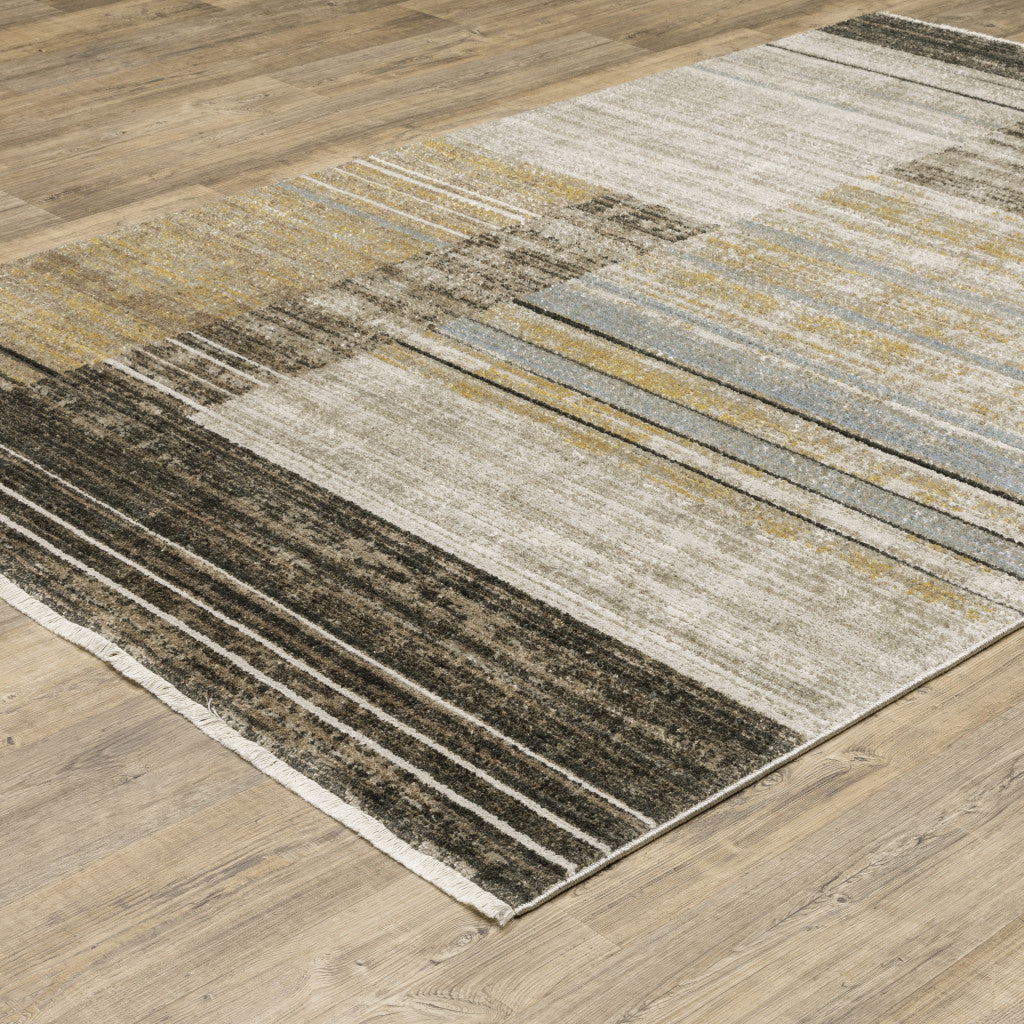 8' Beige Blue and Gray Geometric Power Loom Runner Rug