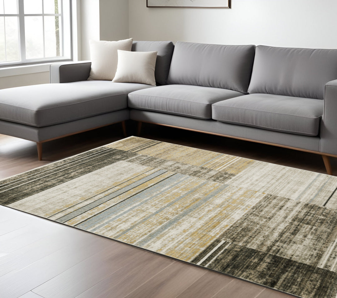 8' Beige Blue and Gray Geometric Power Loom Runner Rug