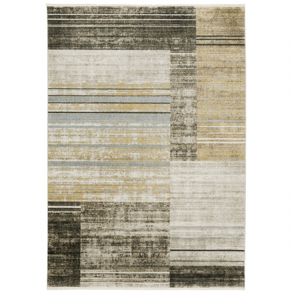 8' Beige Blue and Gray Geometric Power Loom Runner Rug