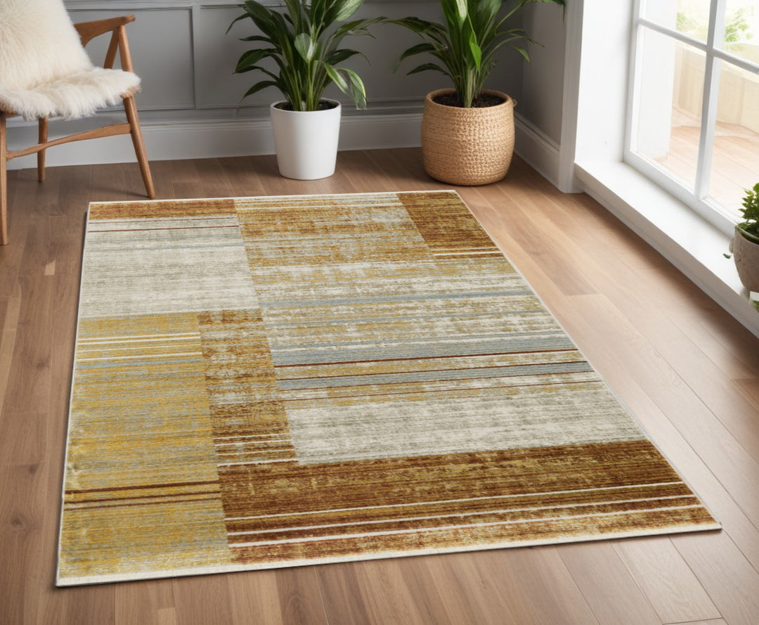 8' Beige Blue and Gray Geometric Power Loom Runner Rug