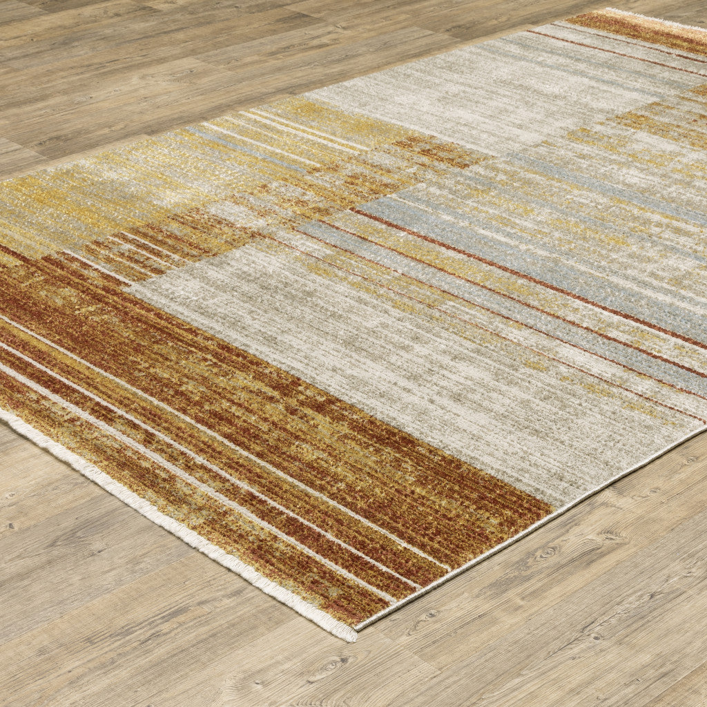 8' Beige Blue and Gray Geometric Power Loom Runner Rug