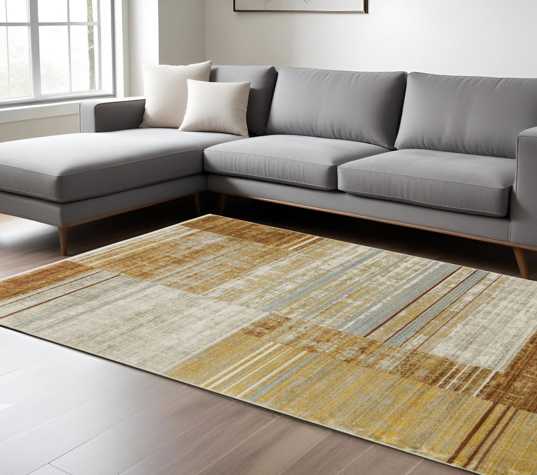 8' Beige Blue and Gray Geometric Power Loom Runner Rug