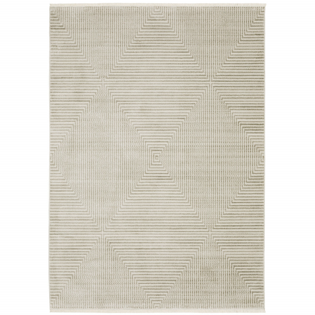 8' Ivory Beige Taupe And Tan Geometric Power Loom Runner Rug With Fringe